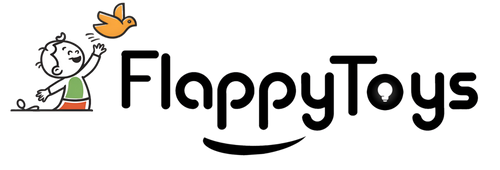 Flappy Toys logo with a child and bird illustration on a white background